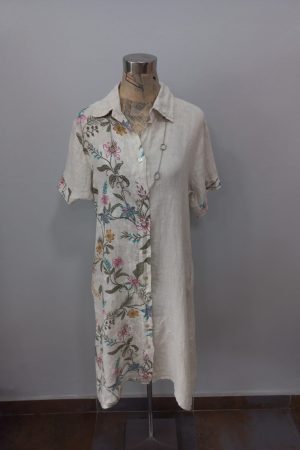 IT3774-DRESS ROSA 100%LINEN FLOWER PRINT LONG DRESS