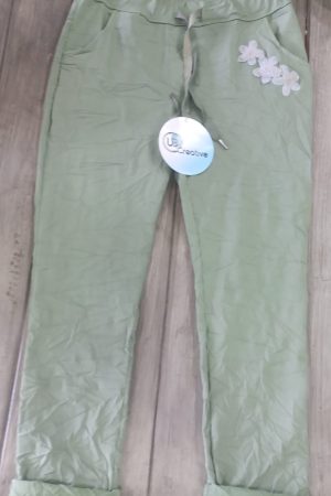 IT3542-PANTS OLIVE PANTS WITH FLOWER DETAIL